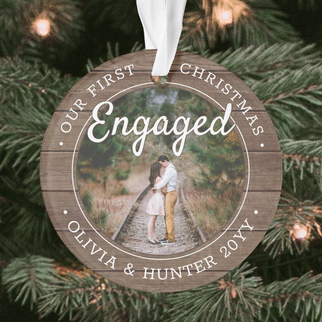 2 Photo Our 1st Christmas Engaged Rustic Faux Wood Ornament (Creator Uploaded)