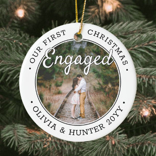 2 Photo Our First Christmas Engaged Black & White Ceramic Ornament