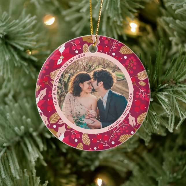 2 Photo Our First Christmas Engaged Dark Pink Red Ceramic Ornament (Tree)