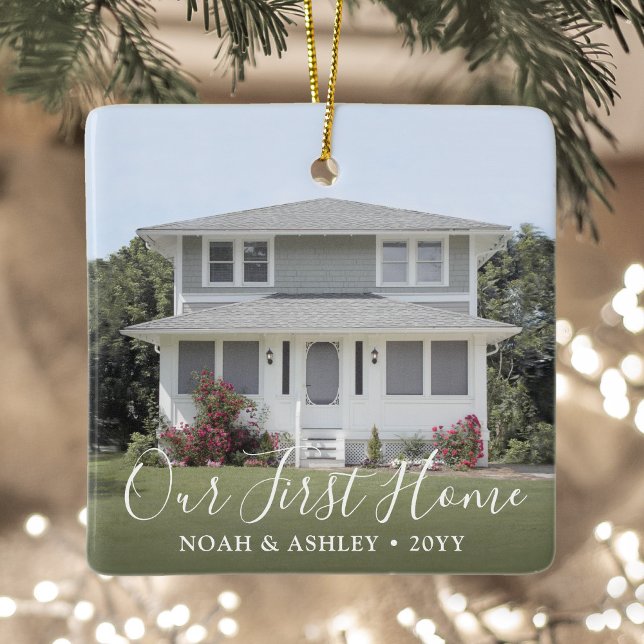 2 Photo Our First Home Housewarming White Script Ceramic Ornament (Creator Uploaded)