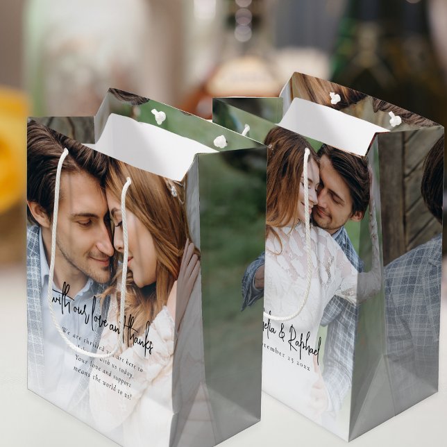 2 Photo Overlay Newlyweds Love Thanks Wedding Medium Gift Bag (Front and back view. Add a different photo to each side!)