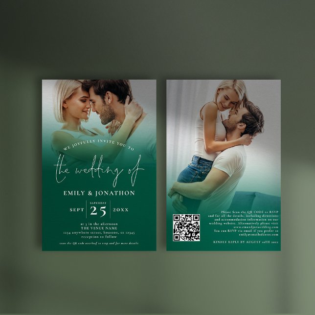  2 Photo Overlay Script QR Emerald Green Wedding  Invitation (Front and back view. Available digitally and printed)