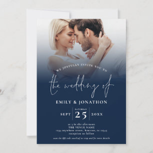  2 Photo Overlay Script QR Navy White Wedding  Invitation