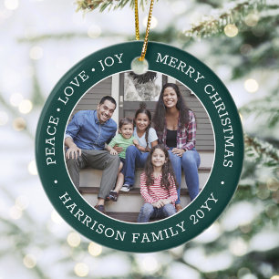 2 Photo Peace Love Joy Merry Christmas Green White Ceramic Ornament