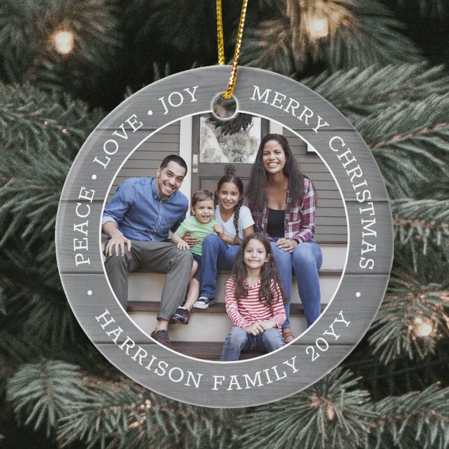 2 Photo Peace Love Joy Merry Xmas Faux Grey Wood Ceramic Ornament (Creator Uploaded)