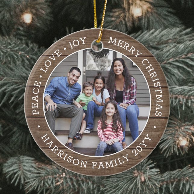 2 Photo Peace Love Joy Merry Xmas Faux Rustic Wood Ceramic Ornament (Creator Uploaded)