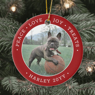 2 Photo Peace Love Joy Treats Cute Dog Red & White Ceramic Ornament