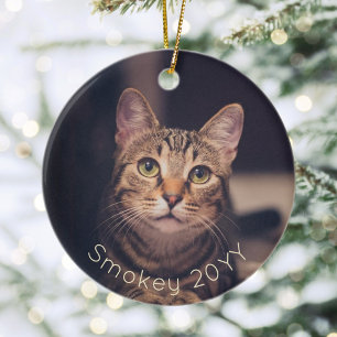 2 Photo Pet Name & Year Simple Gold Typography Ceramic Ornament