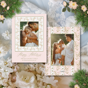 2 Photo Pink Floral Cottage Core Christmas Holiday Card