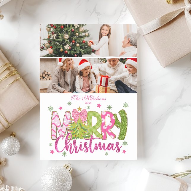 2 Photo Pink Green Bow Tree Merry Christmas Holiday Card (Creator Uploaded)