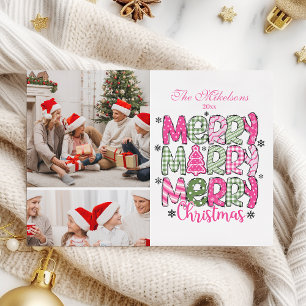 2 Photo Pink Green Merry Christmas Holiday Card