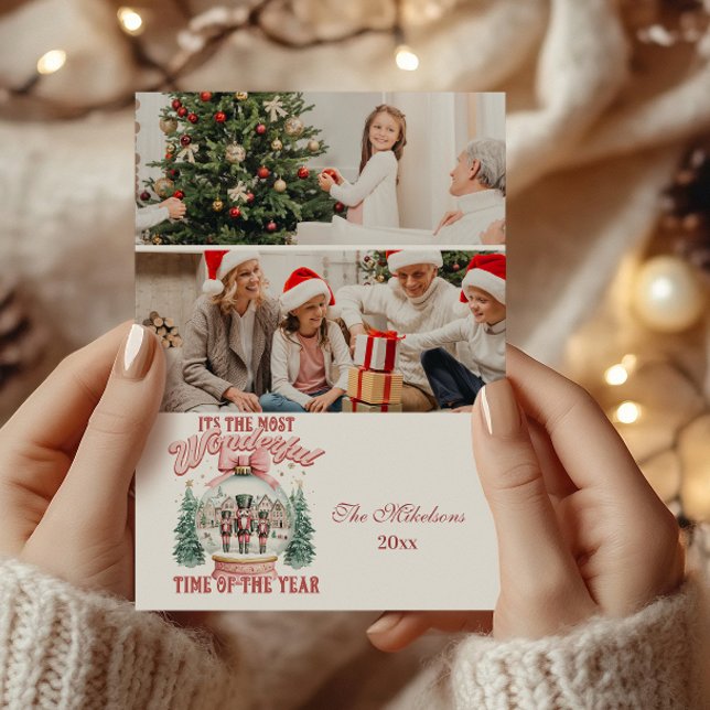 2 Photo Pink  Nutcracker Christmas Wonderland Glob Holiday Card (Creator Uploaded)