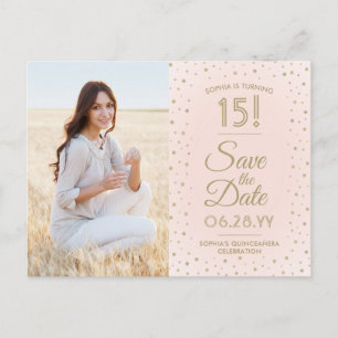 2 Photo Quinceanera Blush Pink Gold Save the Date Invitation Postcard