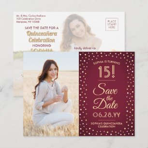 2 Photo Quinceanera Burgundy Gold Save the Date Invitation Postcard