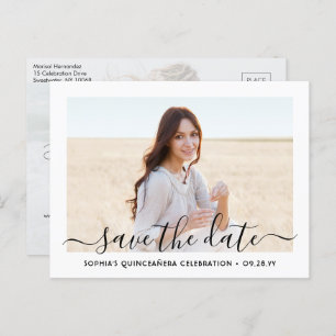 2 Photo Quinceanera Elegant Script Save the Date Announcement Postcard