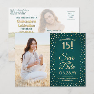 2 Photo Quinceanera Green and Gold Save the Date Invitation Postcard