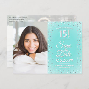 2 Photo Quinceanera Teal Blue Silver Save the Date Invitation Postcard