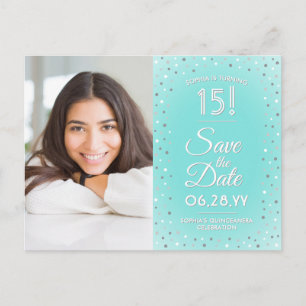 2 Photo Quinceanera Teal Blue Silver Save the Date Invitation Postcard