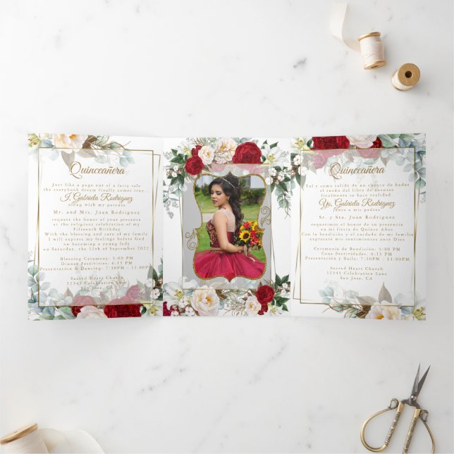 2 Photo Red Peony Mis Quince Años Invitation Tri-P (Intérieur)