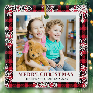  2 Photo Red Plaid Snowflakes Merry Christmas  Ceramic Ornament