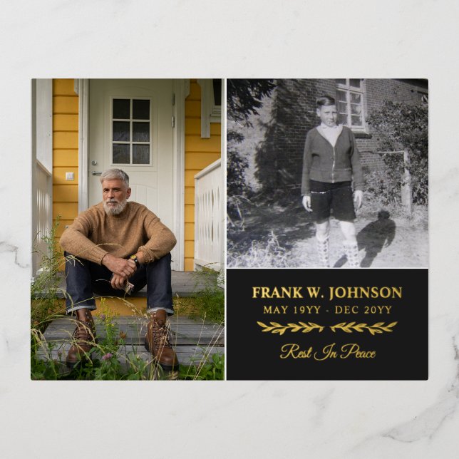 2 Photo Rest In Peace Funeral Gold Foil Invitation Postcard (Front)