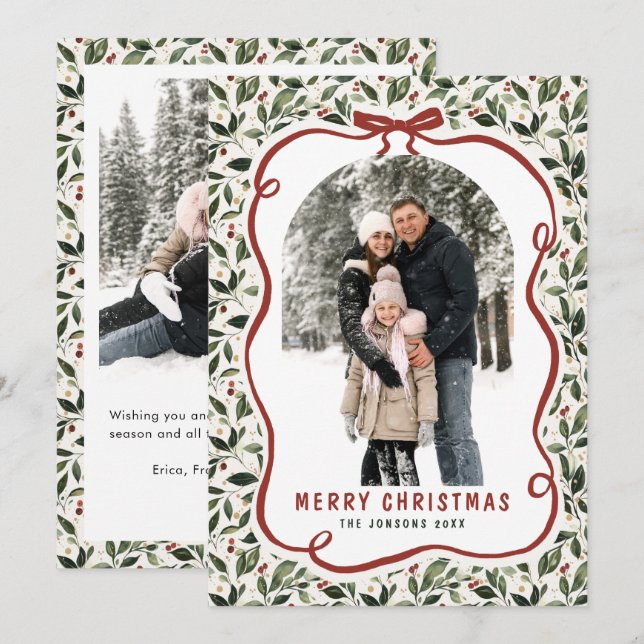 2 Photo Retro Christmas Hand Drawn Red Bow Ribbon Holiday Card (Front/Back)