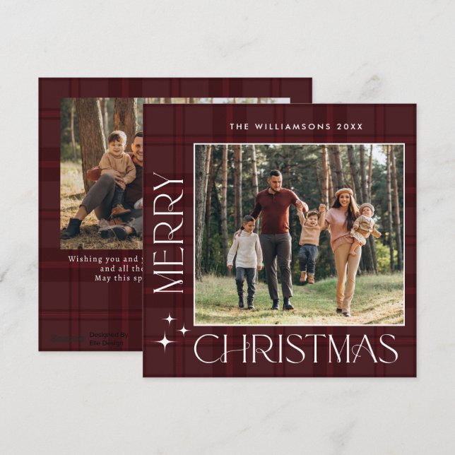 2 Photo Retro Christmas Plaid Greeting Holiday Card (Front/Back)