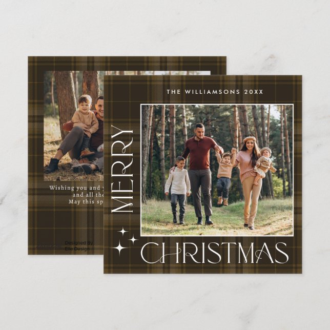 2 Photo Retro Christmas Plaid Greeting Holiday Card (Front/Back)