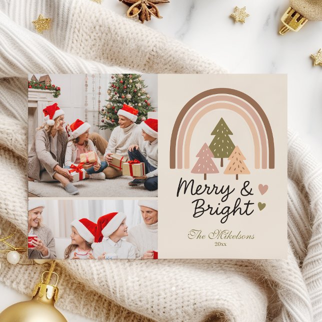 2 Photo Retro Neutral Rainbow Merry & Bright  Holiday Card (Creator Uploaded)