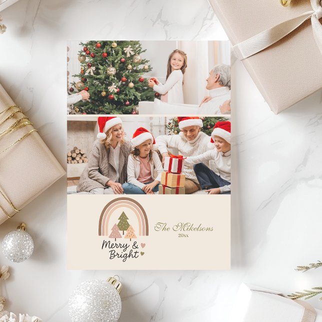 2 Photo Retro Rainbow Merry & Bright  Holiday Card (Creator Uploaded)