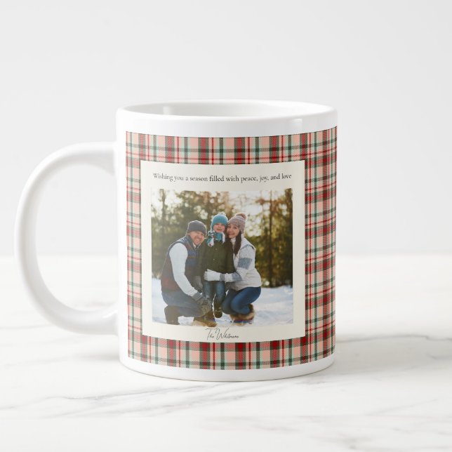 2 Photo Rustic Green Red Plaid Monogram Christmas Large Coffee Mug (Left)