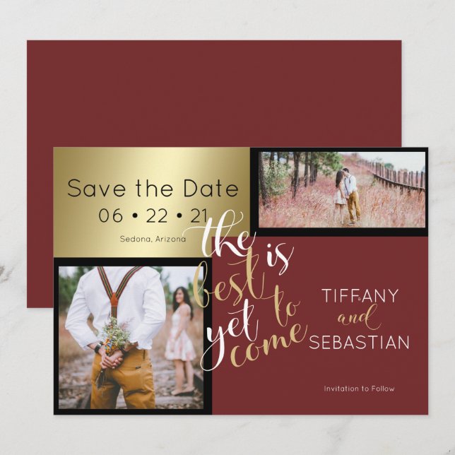 2 PHOTO Save the Date Burgundy Invitation (Front/Back)