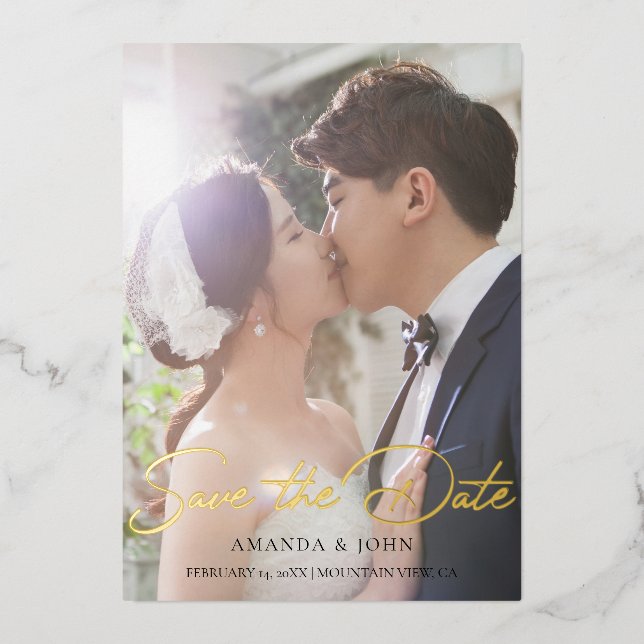 2 Photo Save The Date Wedding Invitation Gold (Front)