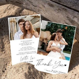 2 photo simple modern script heart wedding thank you card