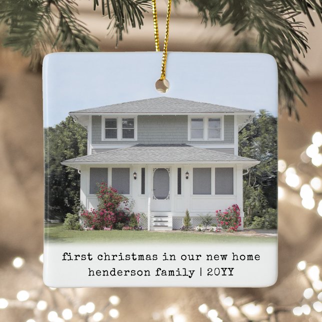 2 Photo Simple Typewriter Christmas Housewarming Ceramic Ornament (Creator Uploaded)