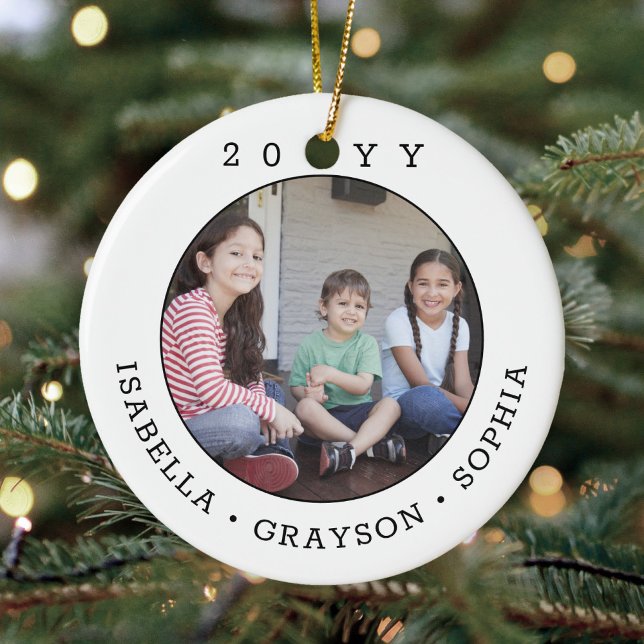 2 Photo Simple Typography Year Black and White Ceramic Ornament (Creator Uploaded)