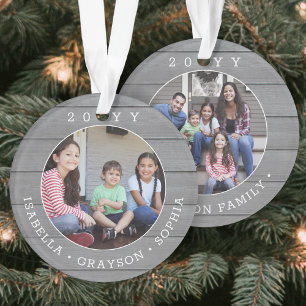 2 Photo Simple Typography Year Grey Faux Wood Ornament