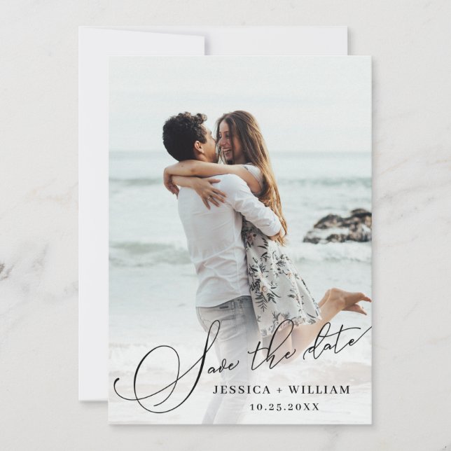 2 Photo Simply Elegant Calligraphy Wedding Save The Date (Front)