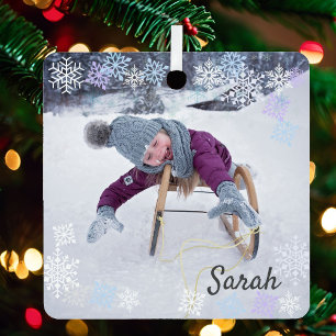 2 Photo Snow Overlay Design Adds Snowflakes Metal Ornament