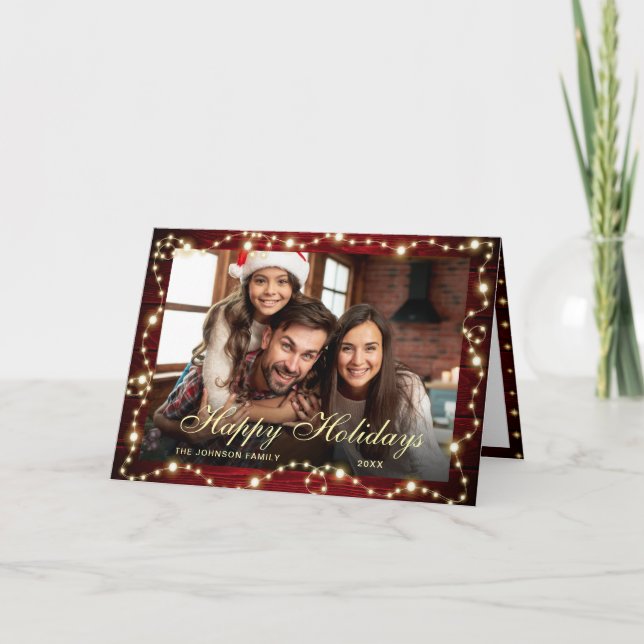 2 PHOTO Sparkle Christmas Lights Rustic Greeting Holiday Card (Front)