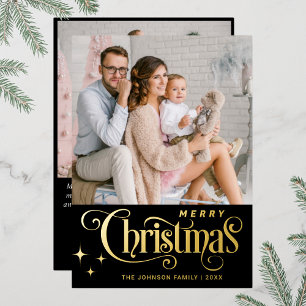 2 PHOTO Sparkle Merry Christmas Greeting Gold Foil Holiday Card