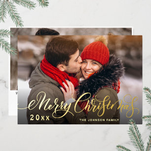 2 PHOTO Sparkle Merry Christmas Greeting Gold Foil Holiday Card