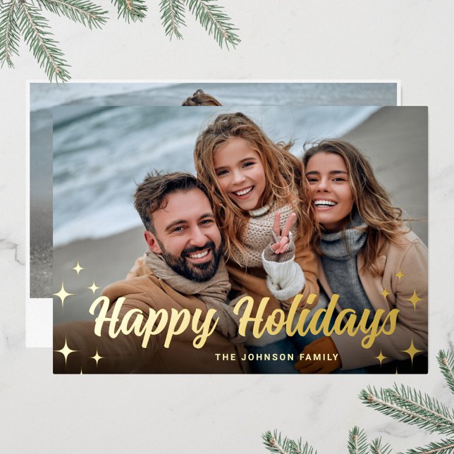 2 PHOTO Sparkle Merry Christmas Greeting Gold Foil Holiday Card (Creator Uploaded)