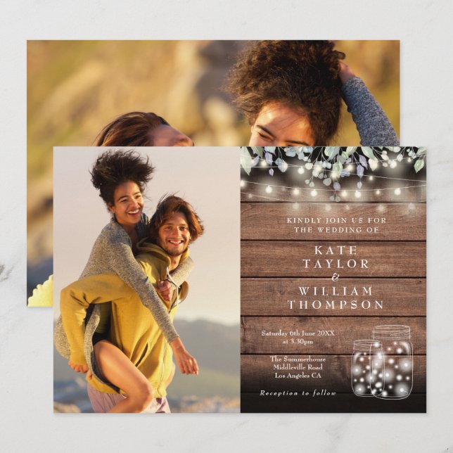 2 Photo String Lights Rustic Jars Greenery Wedding Invitation (Front/Back)