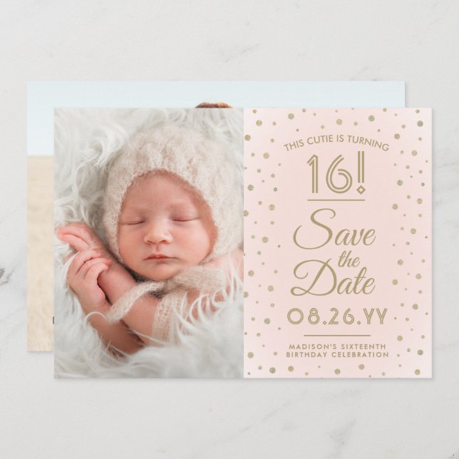 2 Photo Sweet 16 Birthday Blush Gold Save the Date (Front/Back)