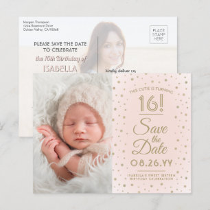2 Photo Sweet 16 Birthday Blush Gold Save the Date Invitation Postcard