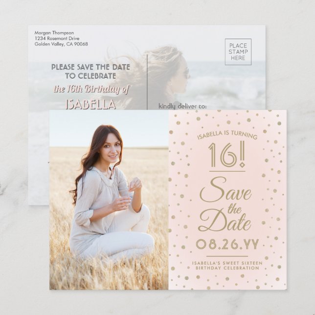 2 Photo Sweet 16 Birthday Save the Date Blush Gold Invitation Postcard (Front/Back)