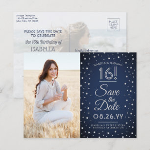 2 Photo Sweet 16 Birthday Save the Date Navy Blue Invitation Postcard