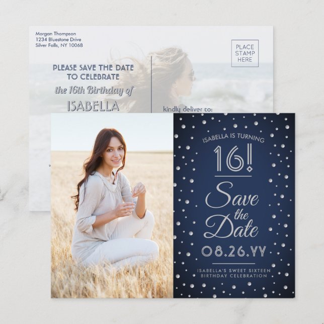 2 Photo Sweet 16 Birthday Save the Date Navy Blue Invitation Postcard (Front/Back)
