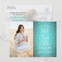 2 Photo Sweet 16 Birthday Save the Date Teal Blue